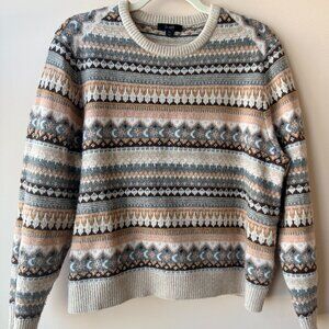 J. Crew XL Cream/Brown Fair Isle Lambswool Blend Crewneck Sweater